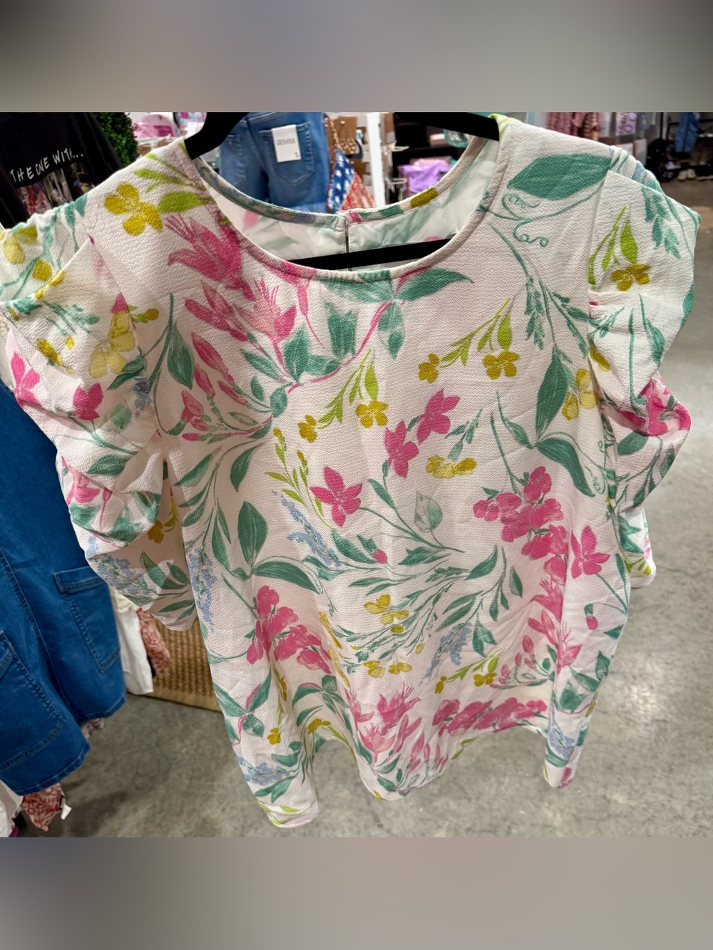 Sugarlips White Floral Puff-Sleeve Blouse with Pink and Green Print